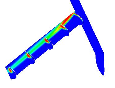 Figure 1: Fuel vapor distribution in a VCO nozzle at 53 bar back pressure; 300 bar injection pressure, 1300 bar injection pressure; color scaled from 0.0 to 1.