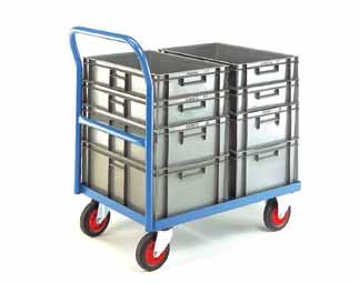 Type Euro Trolley Maximum total capacity: 350. Finish: Blue epoxy. Wheels: 2 fixed, 2 swivel castors with 160mm dia. wheels, solid rubber tyres and roller bearings.