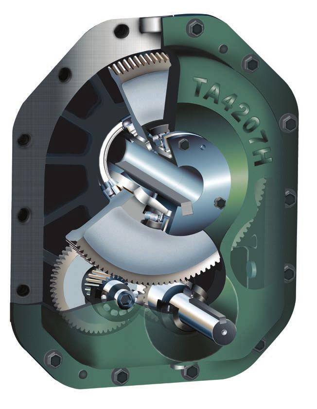 All highly efficient helical gearing design. Meets or exceeds AGMA standards including class 1 5,000 hour L-10 bearing life, 25,000 average life.