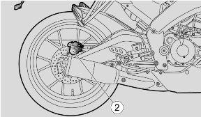 brake calliper (1); - from the bottom rear side to check the rear brake calliper (2); NOTE EXCESSIVE WEAR OF THE FRICTION