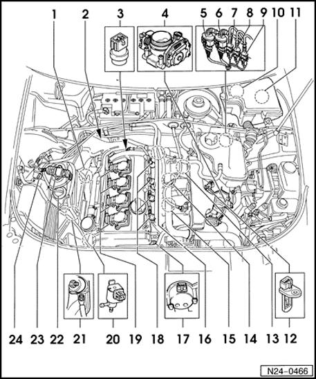 24-1 Fuel injection system, servicing Component locations overview 1 - Oxygen sensor 1 before Three Way Catalyst G39 2 - Oxygen sensor 2 after Three Way Catalyst G130 3 - Engine Coolant Temperature