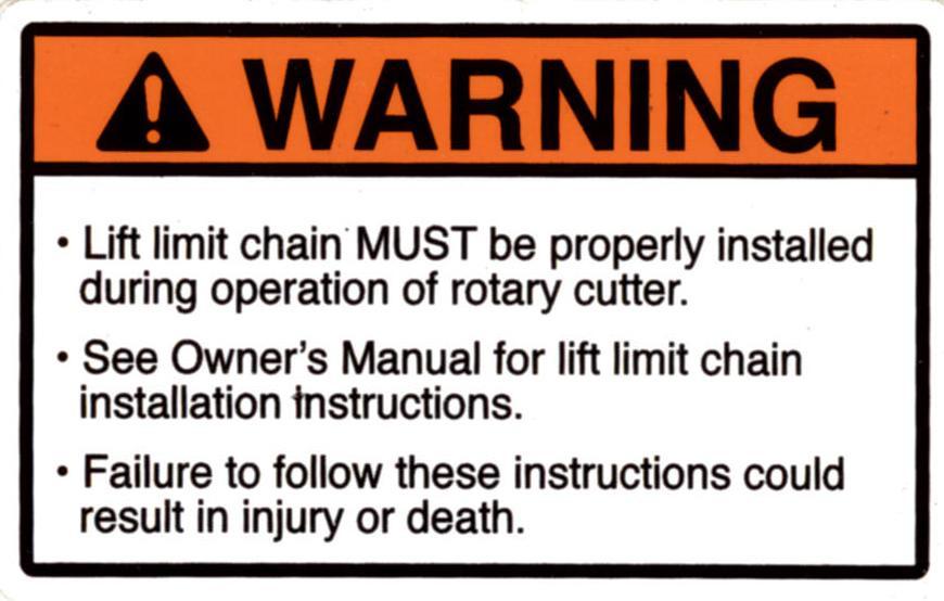 This label is located on the frame near the quick-tach. This label has several important instructions that must be followed for safe operation of this attachment.