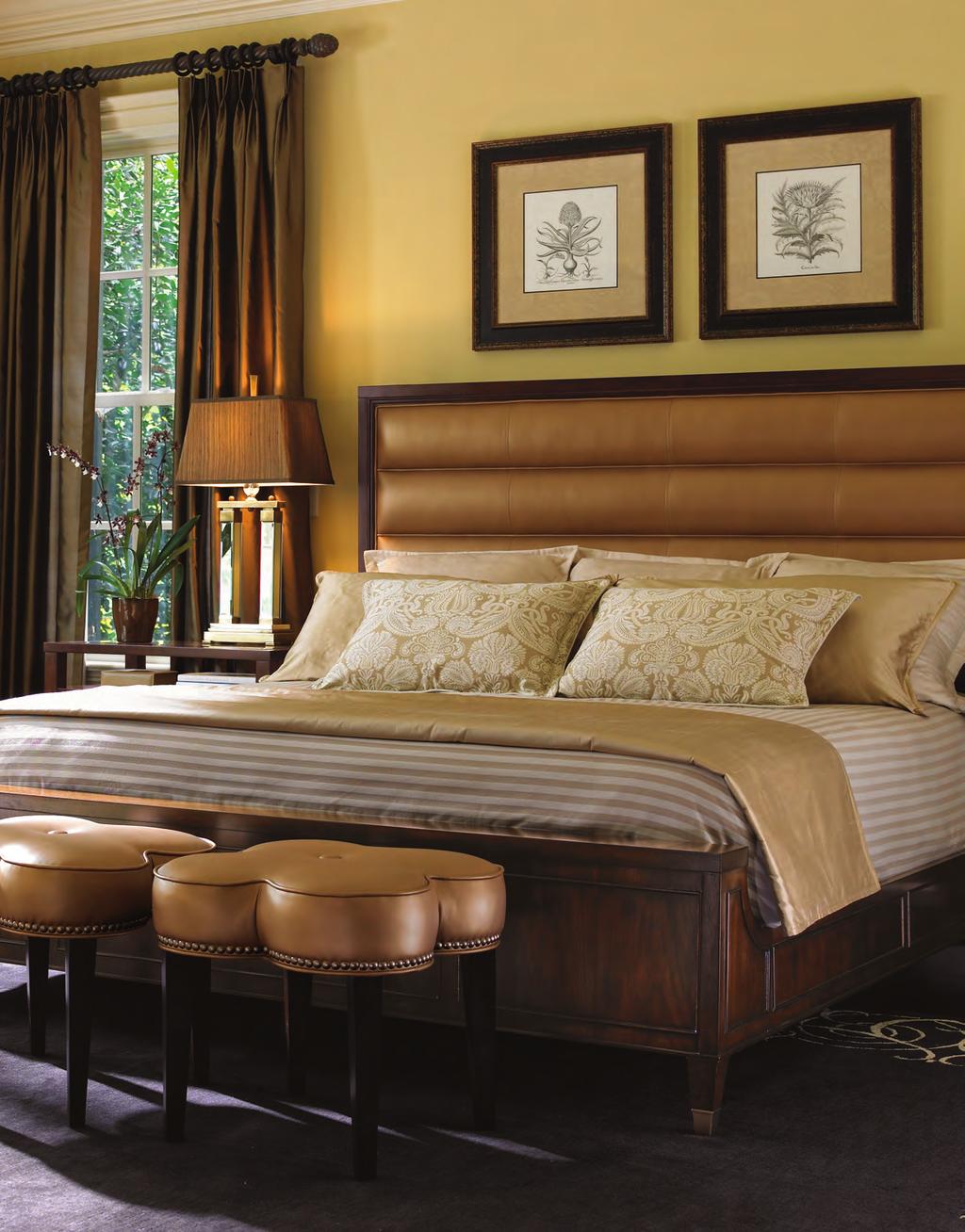 If your style leans to the more traditional, the Palais Bed features a dramatic arched headboard in a sunburst pattern of cathedral walnut, with an elegant interlocking ring pattern of gold-tipped