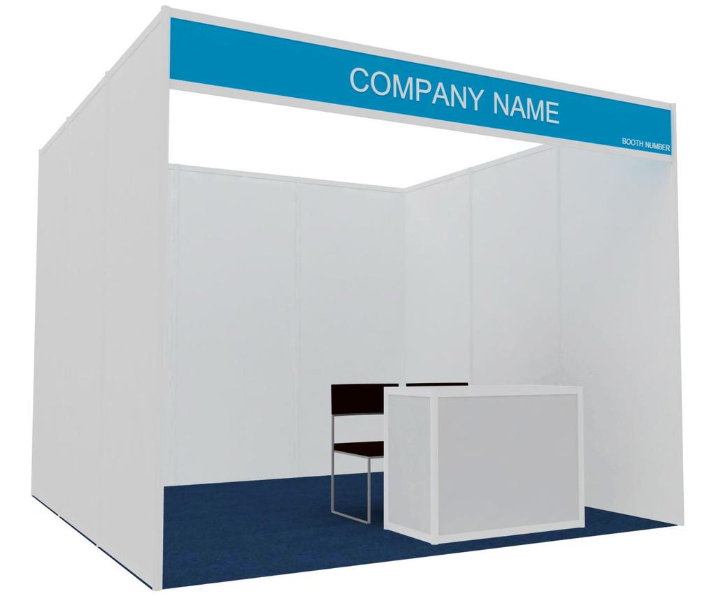 STANDARD EXHIBITION BOOTH The standard exhibitor booth will be a 3m x 3m shell scheme consisting of basic features including: System wall partition paneling in (white) pifex system with polykem board