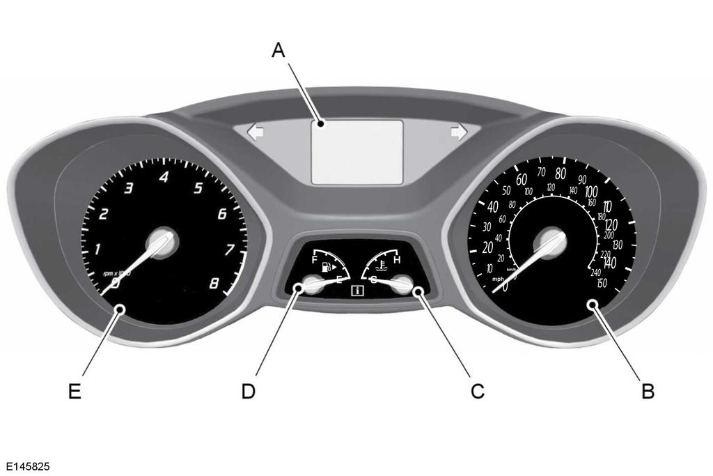 Instrument Cluster GAUGES A B C D E Information display. Speedometer. Engine coolant temperature gauge. Fuel gauge. Tachometer.