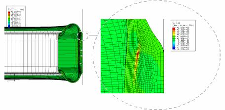 Figure 8. Critical shear stress component in tire After the first steady state rolling simulation some modifications were made and the analysis procedure was repeated.