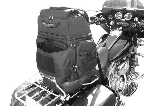 In most applications, the bag is commonly mounted behind the sissy bar where it can rest on a rear rack.