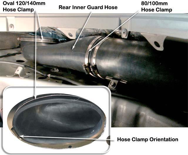 28 Form the 120/140mm hose clamp (Item 11) around the elliptical shape of the rear inner guard hose (Item 12) as shown.