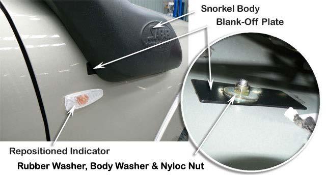 OPTION: Models with Mirrors that have integrated Indicator lights - When correctly aligned, fasten the snorkel body to the guard panel with rubber washers (Item 9), body washers (Item 8) and Nyloc