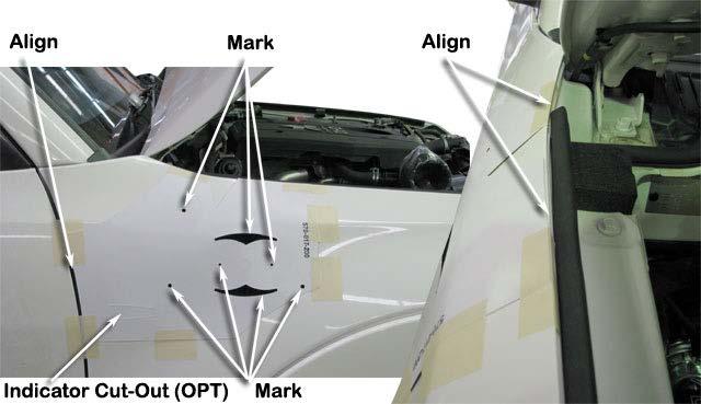 4 OPTION: Models with Mirrors that have integrated Indicator lights - DO NOT remove the indicator cut-out from the guard panel template (Item 29).
