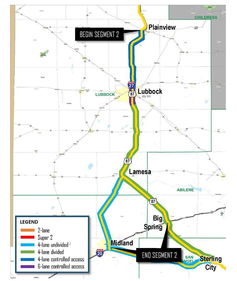 Segment 2 Continued (Plainview to IH-20) Ports-to-Plains Corridor splits at Lamesa East split 4-lane divided US 87