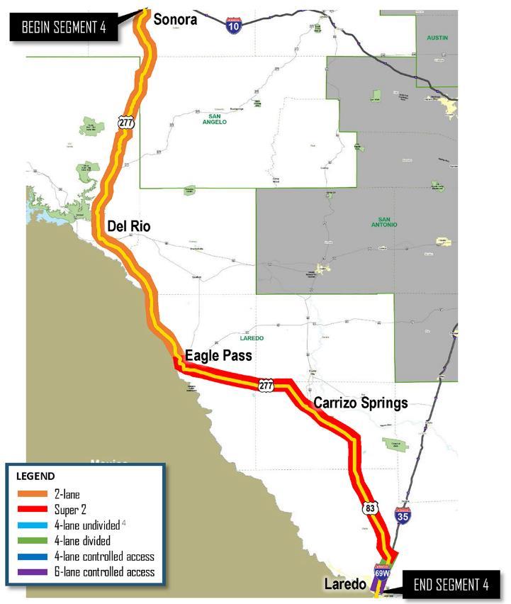 Segment 4 (IH-10 to Border) Total segment length approx. 260 miles Sonora (IH-10) along 2-lane US 277 and US 83 via Del Rio to Eagle Pass approx.