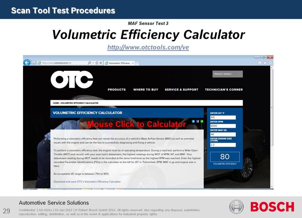 http://www.otctools.com/ve Volumetric Efficiency is the verification of an engines performance calculated from the amount of Air used.