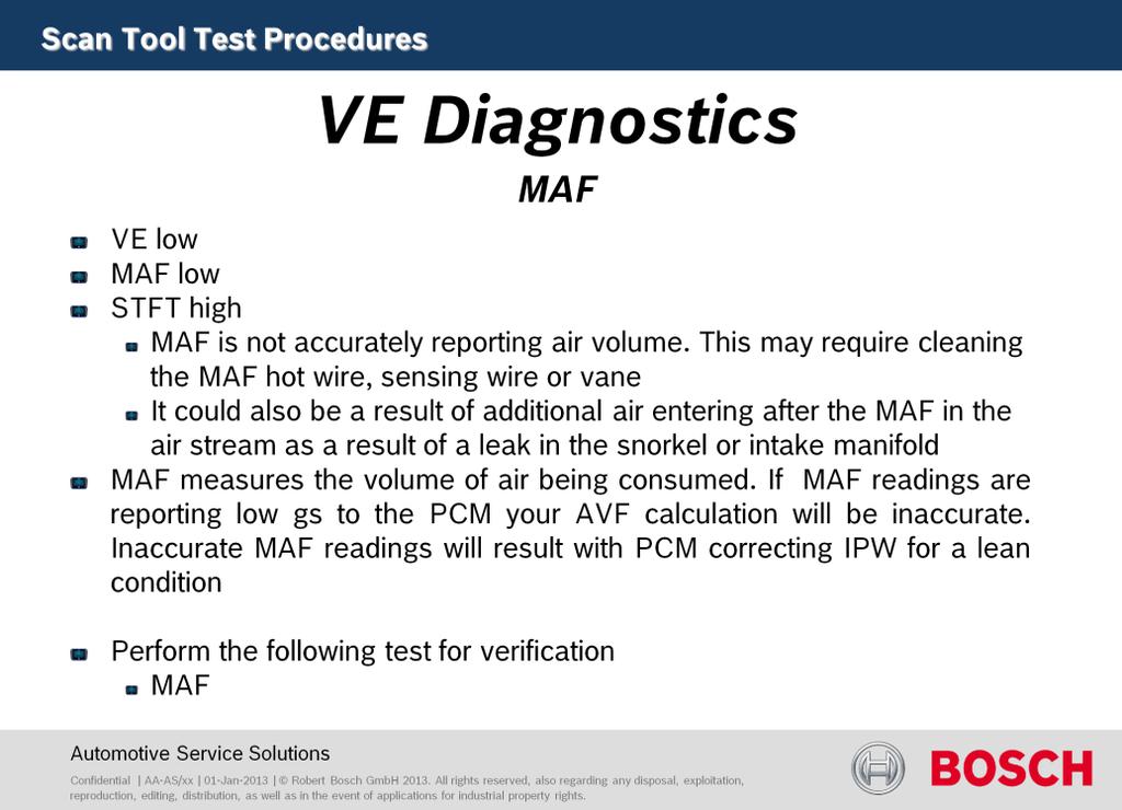 MAF Test results: VE low MAF low STFT high Cause: MAF is not accurately reporting air volume. This may require cleaning the MAF hot wire, sensing wire or vane.