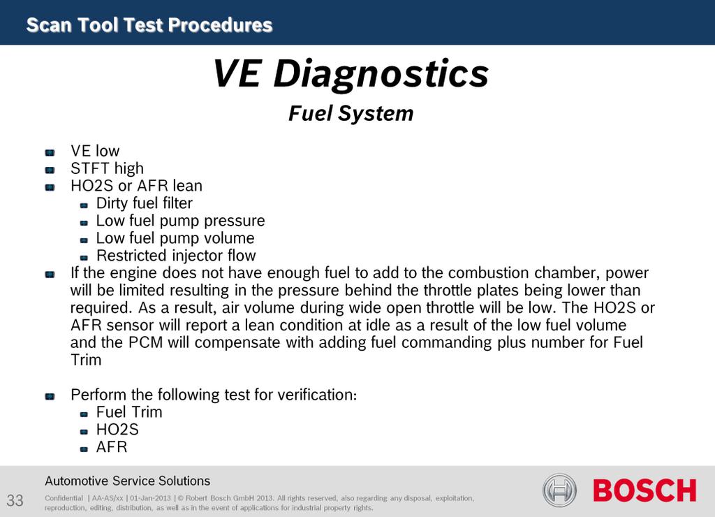 Fuel System Test results: VE low STFT high HO2S or AFR lean Cause: If STFT reads high and HO2S or AFR read lean you have a fuel related issue.