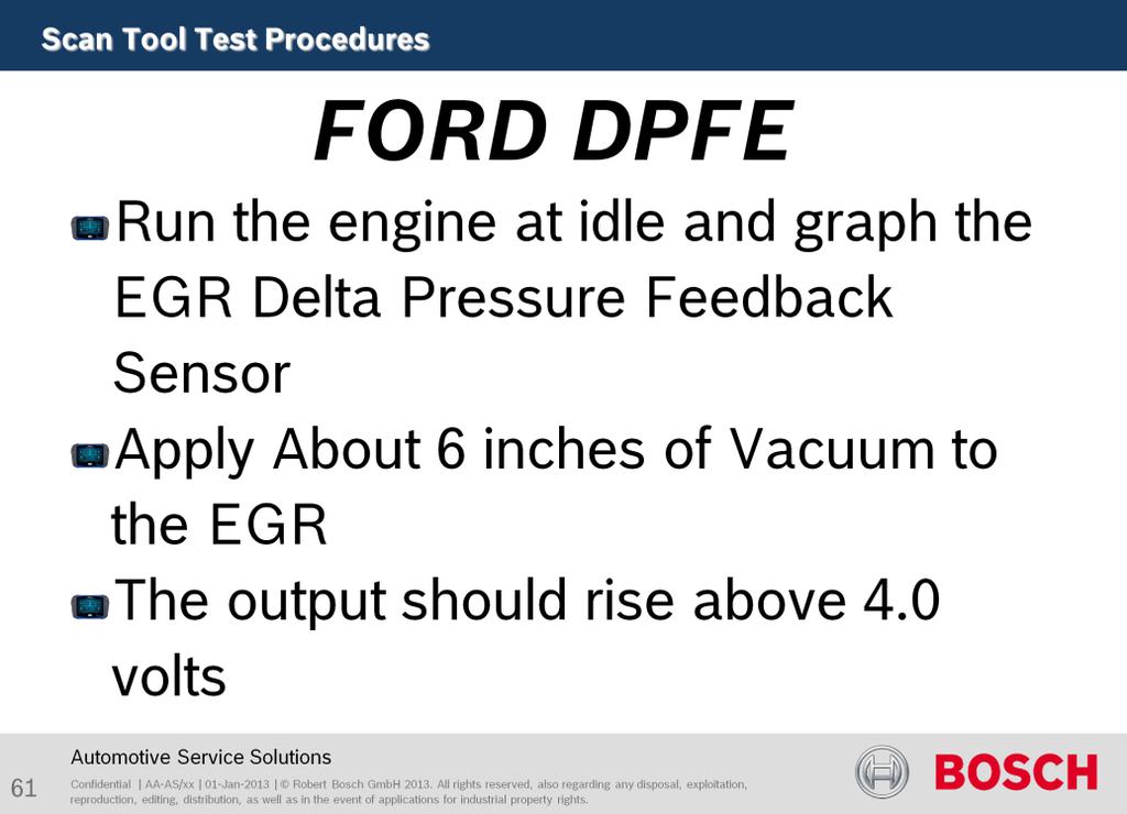 The purpose of this test to verify EGR flow Start the engine and bring it to operating temperature. Hook up the scan tool and use data-stream readings for the DPFE sensor, HO2S and Engine RPM.