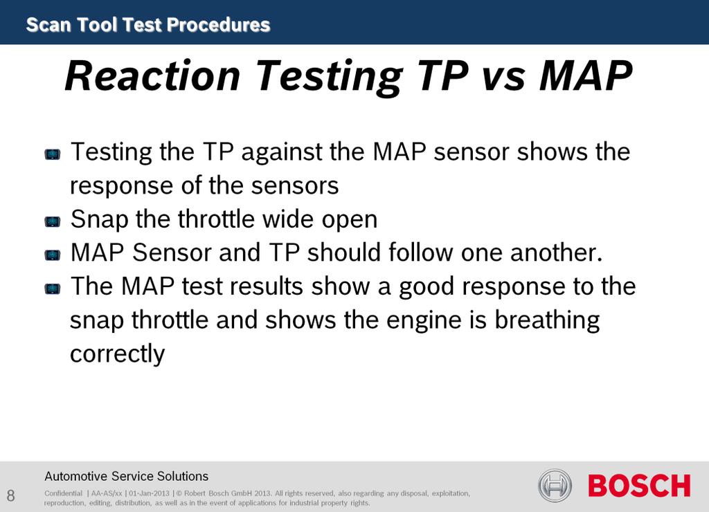Purpose of this test is to verify engine performance. Testing the TP against MAP sensor shows the response of the sensors. Snap the throttle wide open, KOER. They should follow one another.
