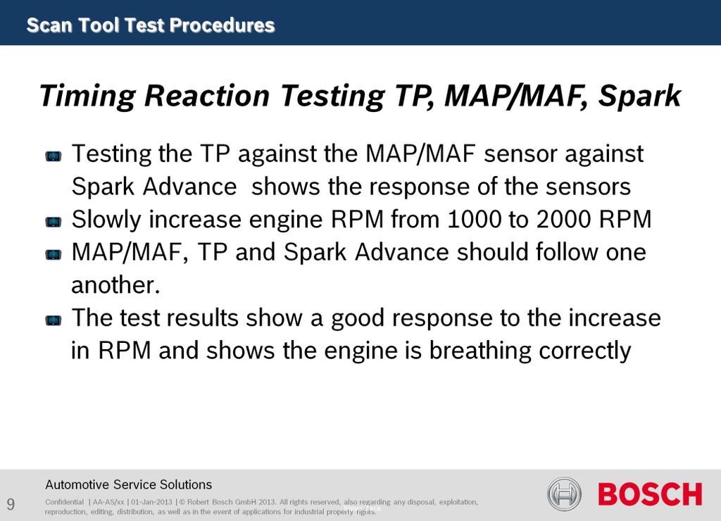 Purpose of this test is to verify engine performance. Testing the TP against MAP/MAF and Spark Advance shows the response of the sensors.