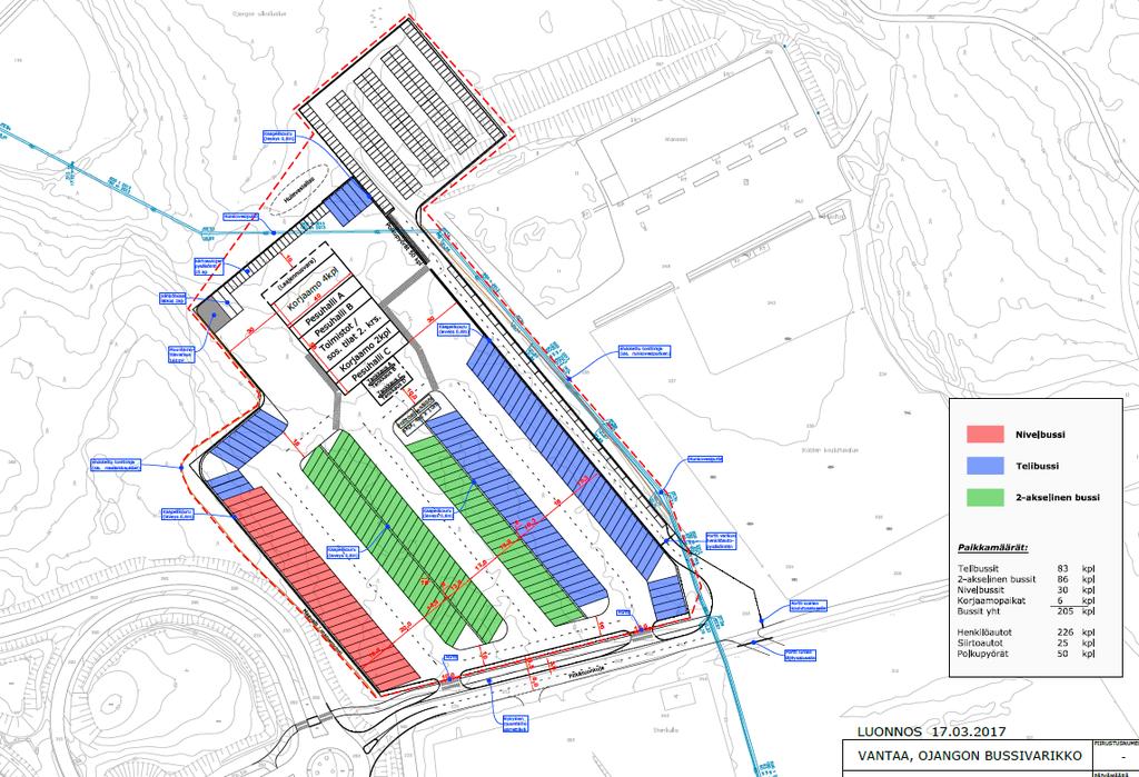 A new bus depot in Ojanko Space for 200 busses Possibility to operate standard and articulated busses Depot layout has been designed for zoning purposes The depot site is located next to Porvoonväylä