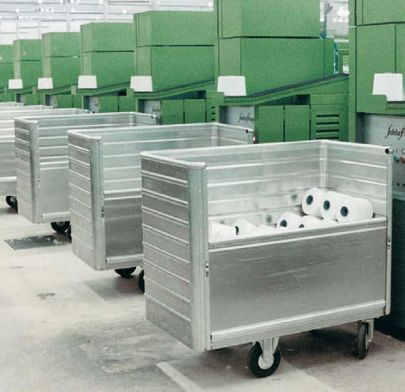Container trolleys with springloaded base for easy handling without bending GMÖHLING container trolleys with spring-loaded base avoid unnecessary physical strain and protect health of your staff due