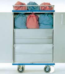 4a. Fitted with two collapsible shelves for transporting soiled linen 4b.