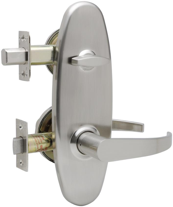 Deadbolt also unlocked with key or by rotating interior thumb turn. INTERCONNECT SPECIFICATIONS ANSI Latch Strikes Cylinder Door Prep Door Thickness Handing U.L. Grade-2 2-3/8 backset, 1 round corner narrow faceplate std.