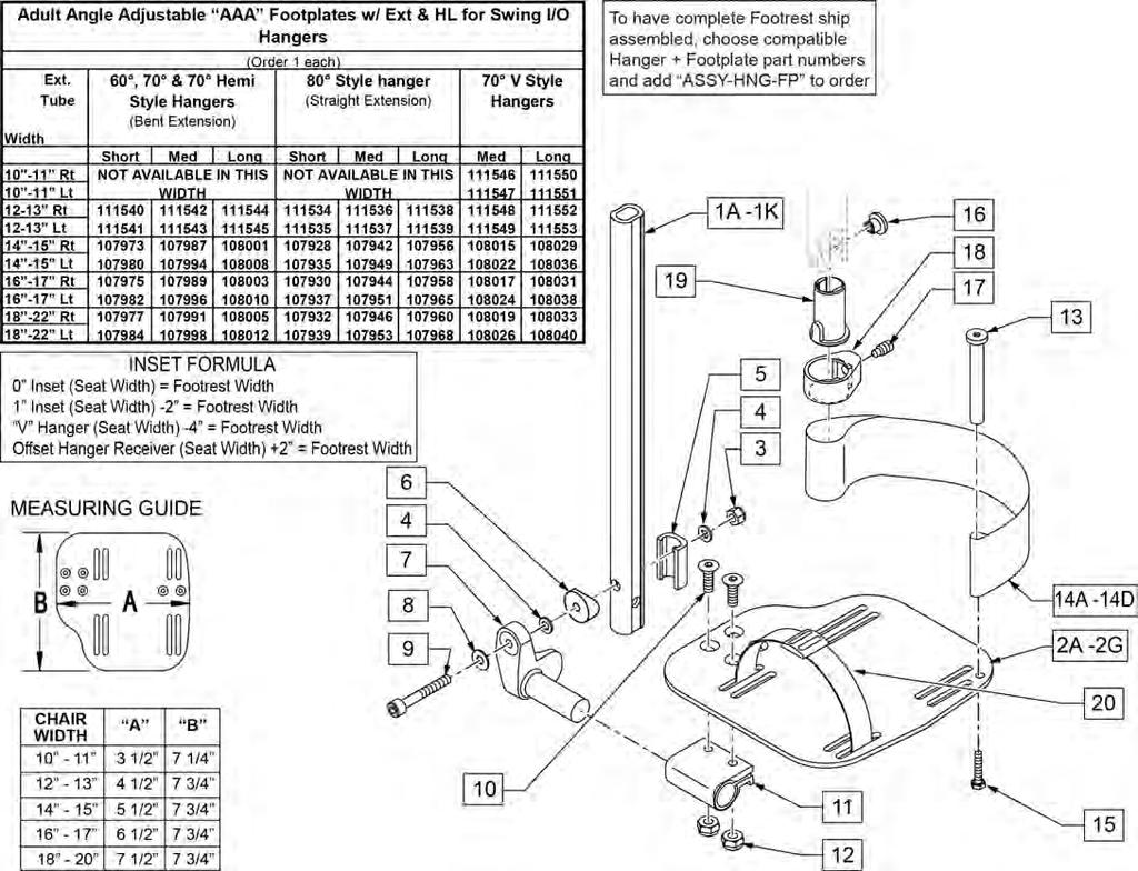 ADULT ANGLE-ADJ FOOTPLATE EXT MOUNT [10/2011] NOTE: FOOTPLATE ASSEMBLIES ARE SET TO FOOTREST WIDTH. PLEASE SEE "FOOTPLATE FORMULA" TABLE FOR SEAT WIDTH CONVERSION. Pos.