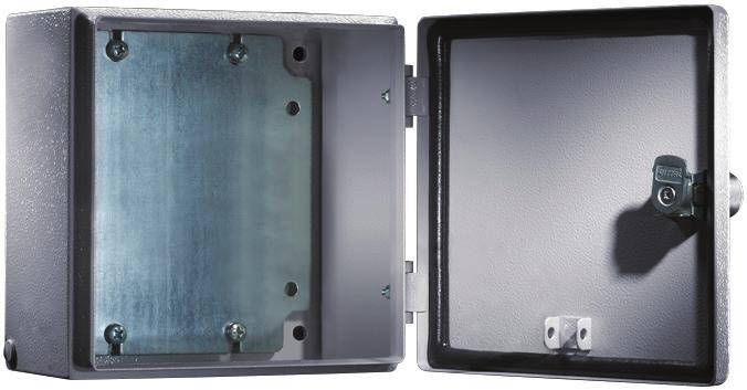 Steel Enclosures Wall Mount Steel Electrical Box Sheet steel enclosure with hinged door. Enclosures include zinc plated mounting plate. All round foamed-in PU door seal.