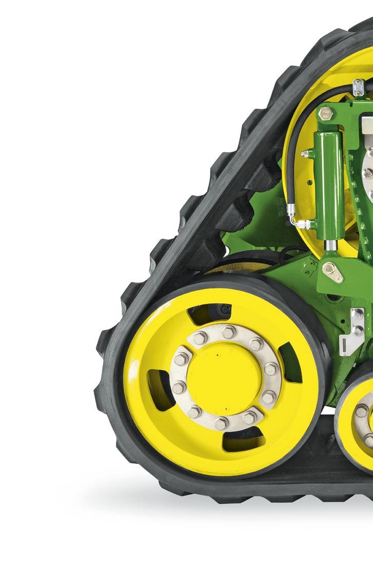 32 Maximum traction all conditions The John Deere tracks spread the load evenly over all fi ve traction wheels. So, in challenging conditions, you re still harvesting when others have stopped.
