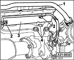 - Remove crankcase ventilation line -1-. - Remove oil supply line at cylinder head -2-. - Remove heat shield -3-.