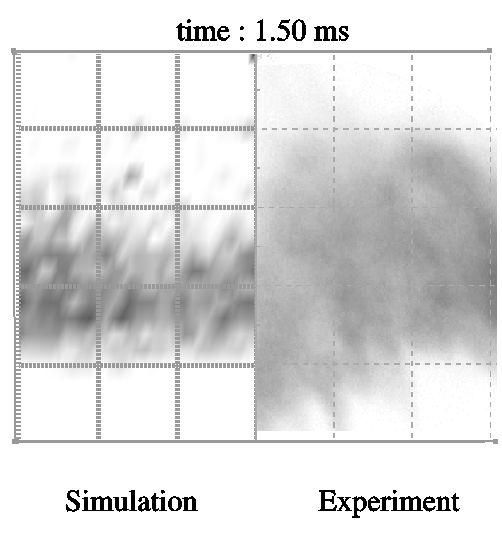 Figure 5: Comparison between experimental visualization and liquid spray computed with the new injection model