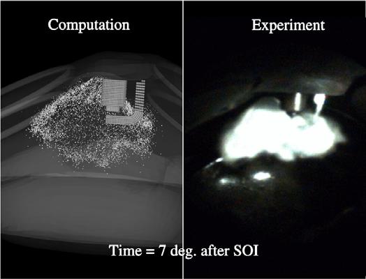 Figure 9: Computational mesh for DISI engine. The spray location and evolution in the chamber can be compared qualitatively to experimental endoscopic (or other [11]) visualizations.