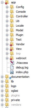 Slika 15: Struktura projekta v CakePHP ogrodju Za uporabnika so najpomembnejše datoteke naslednje: config: vsebuje konfiguracijske datoteke za bazo, mail, in prevezovanje, controller: vsebuje vse