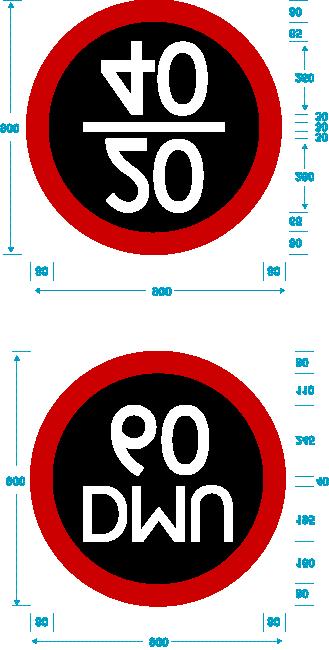 Date June 2003 Lineside Operational Safety Signs Page 64 of 206 Lettering and Digits: Single values below 100 shall be 380mm high centred on the width of the sign.