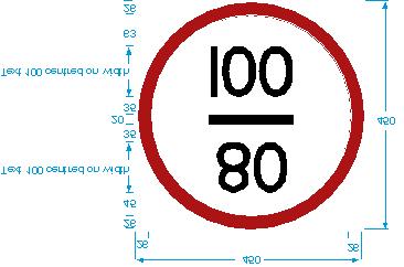 Circular differential as shown. Text identifying nonstandard differential permissible speeds shall be 130mm high centred on the width of the ellipse sign.
