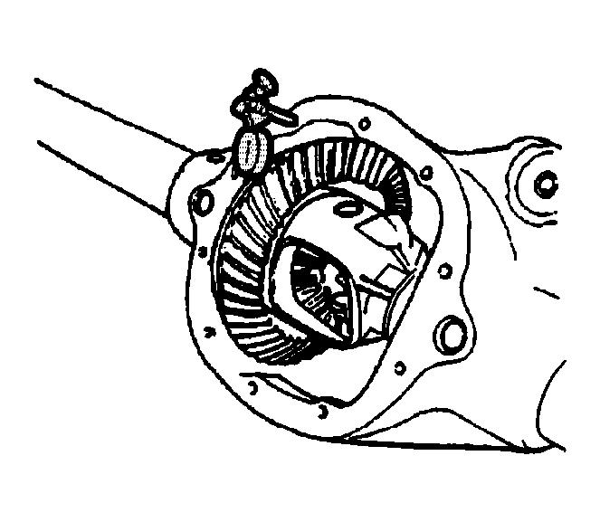 Fig. 121: Measuring Ring Gear Backlash 1. Install the J 25025-1 and the J 8001 to the axle housing as shown. See Special Tools. 2. Place the indicator stem of the J 8001 at the heel end of a gear tooth.