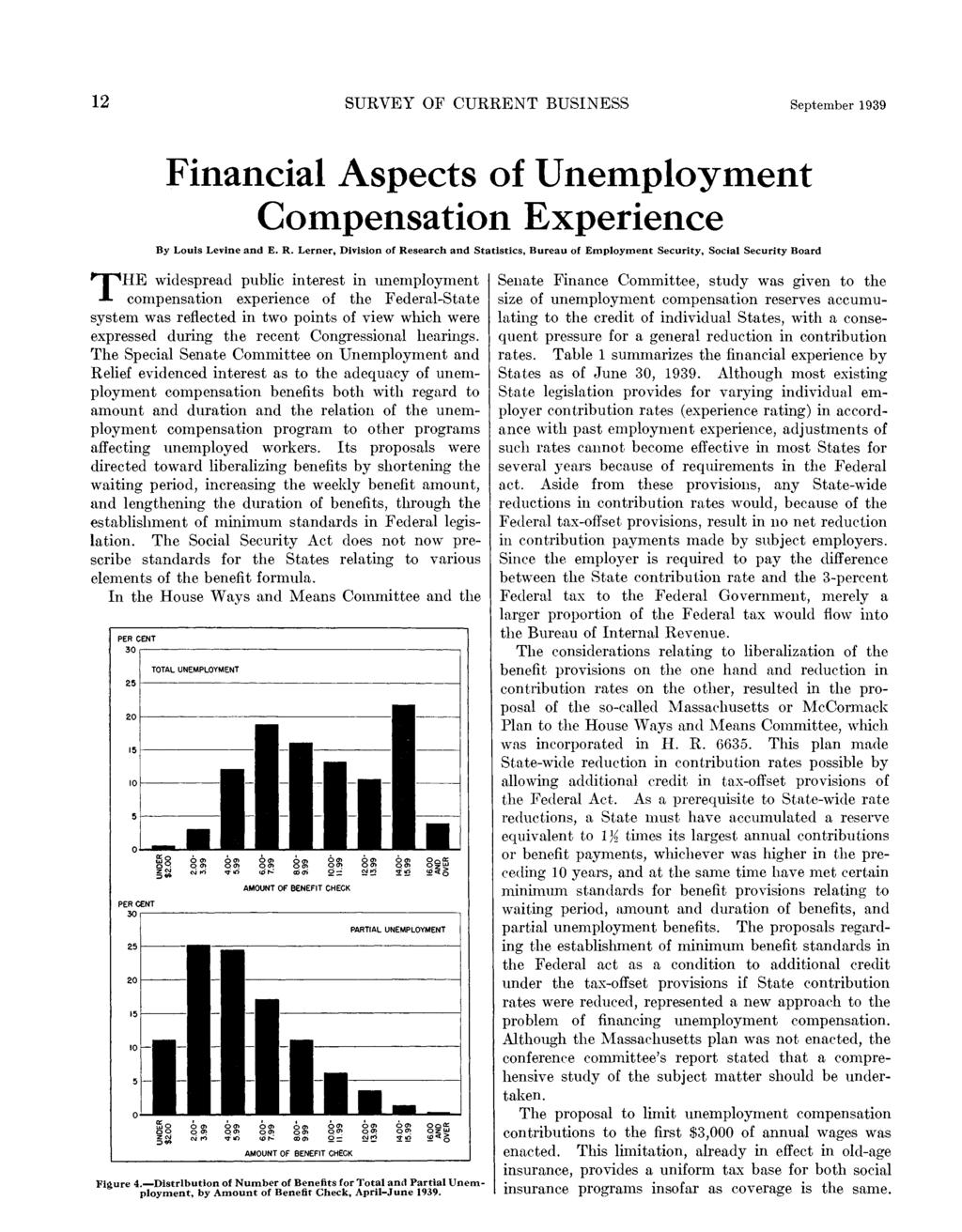 12 SURVEY OF CURRENT BUSINESS Financial Aspects of Unemployment Compensation Experience By Louis Levine and E. R.