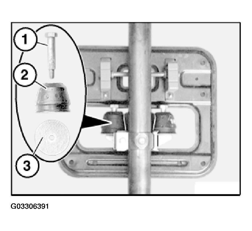 Fig. 6: Identifying Vibration Absorber Components MUFFLERS PETROL 18 12 030 REMOVING AND INSTALLING/REPLACING REAR MUFFLER (W10) Release screws (1) of middle pipe on manifold flange.