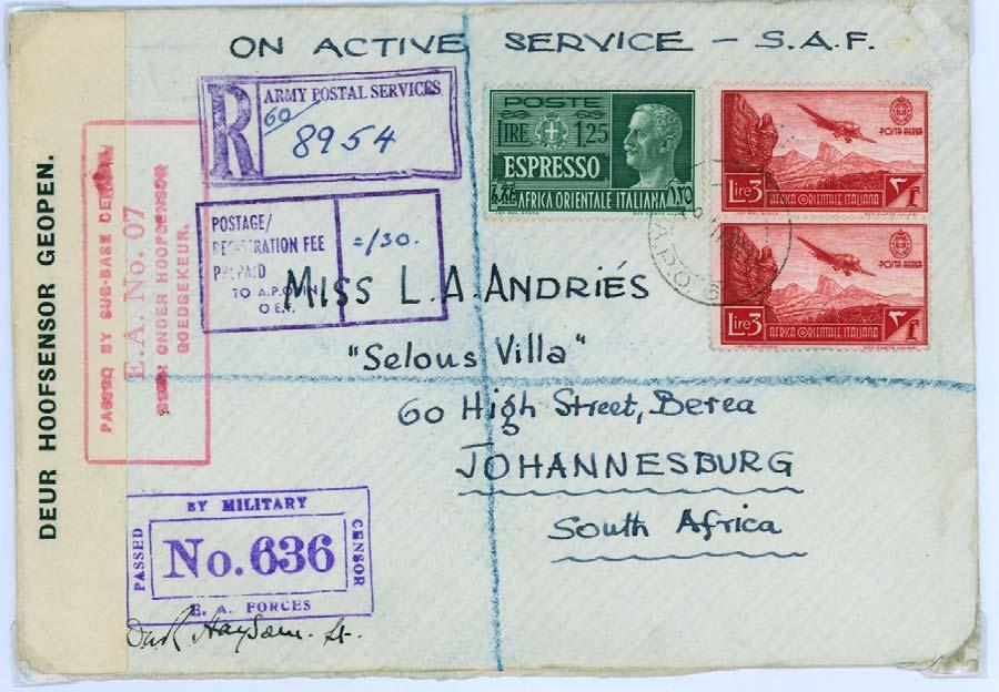 Fig.41: Colourful philatelic EA APO 60 cover, 29 July 1941, bearing EA censor No. 636 (Type EA.5B), double-lined boxed registration cachet, Registration Fee Paid in O.E.T, and bilingual (English/Afrikaans) censor tape (Henning type EAL 500) tied by bilingual SA Sub-Base Censor cachet No.