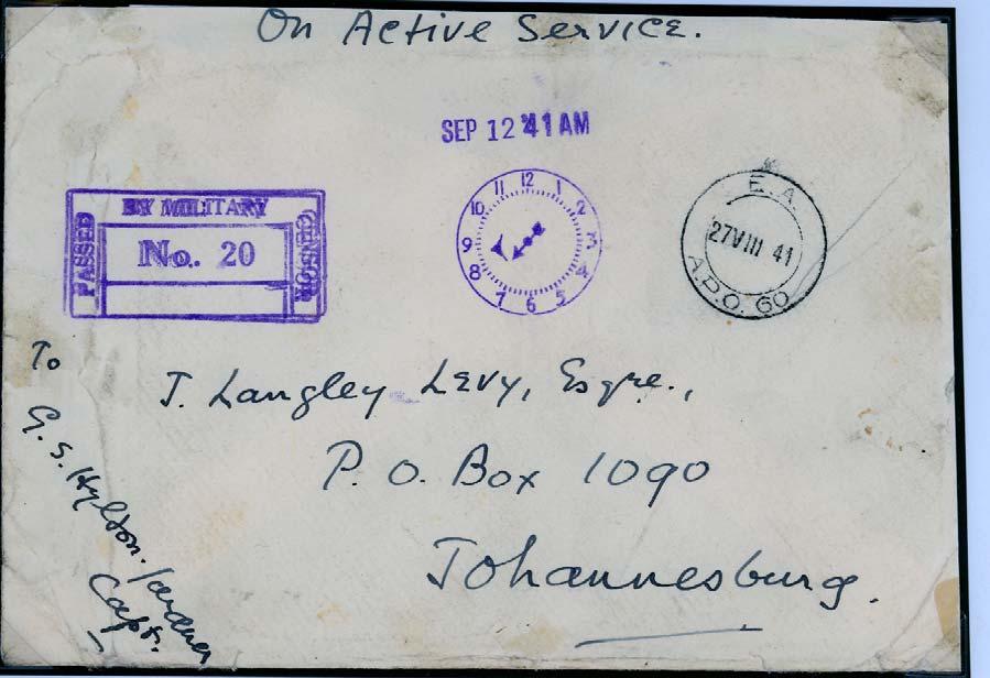 Fig.44: Postcard, 13 August 1941 EA APO 60. A between month and year. SA censor No. 103 (Type SA 100) used by 6 th Battery, 2 nd Anti Aircraft Regiment, SA Artillery. The above three items (Figs.