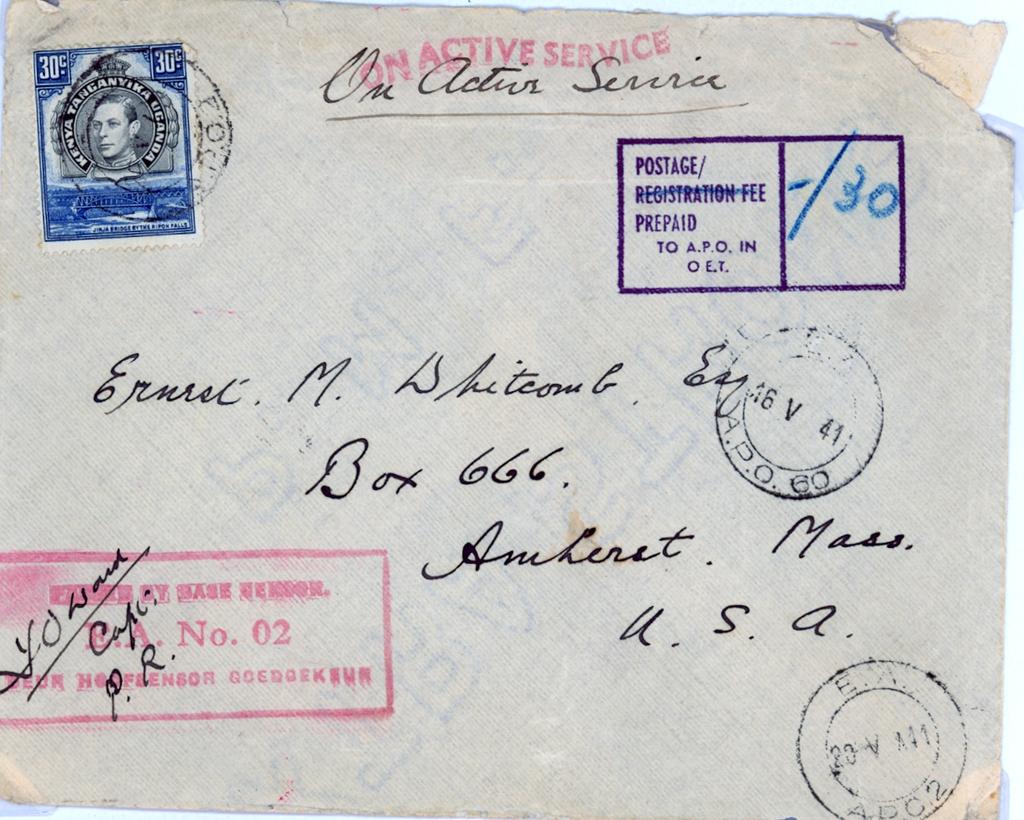 Fig. 35: EA APO 60, 16 May 1941, bearing the boxed Postage Prepaid to A.P.O. in O.E.T. [Occupied Enemy Territory].