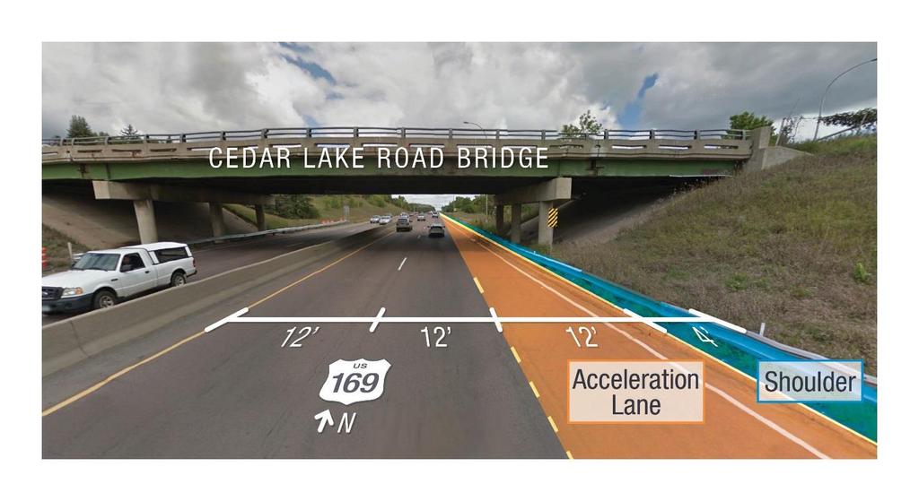 CEDAR LAKE ROAD INTERCHANGE IMPROVEMENT How will the acceleration lane under the bridge be extended on Highway 169 for the Cedar Lake Road interchange project?