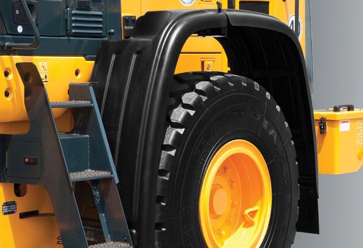 Full Fenders and Mud Guards (Option) 9A series wheel loaders can be equipped with optional full rear mud guards to reduce material splatter to the cab and