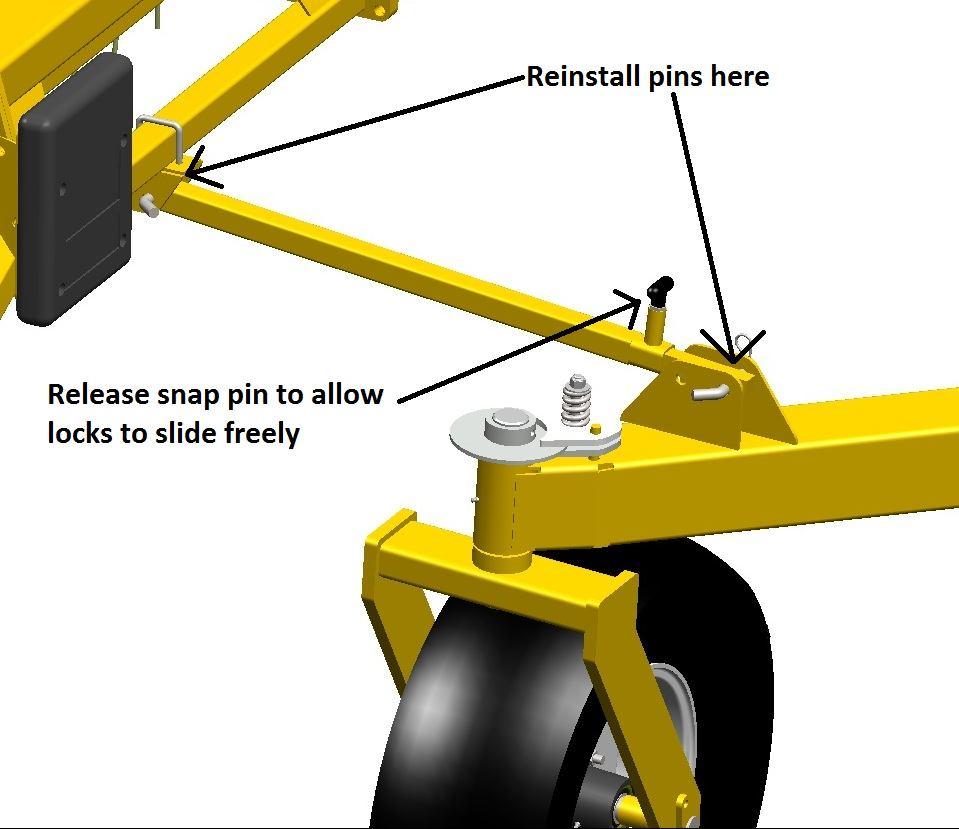 Retract the wing cylinder until the self-locking pin locks in transport position. Ensure that both arms are secured and all hairpins are in place.