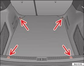128 Seats and storage compartments Position heavy items as far forward as possible fig. 93. Secure the load with a luggage net* or with non-elastic straps secured to the fastening rings page 128.