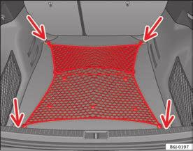 Seats and storage compartments 129 Luggage net* The luggage net can be used to secure and retain light items in the luggage compartment. Rear shelf Fig. 96 Rear shelf Luggage net Fig.