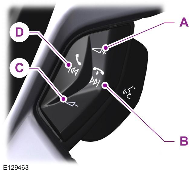 Steering Wheel Type 2 VOICE CONTROL A B C D Volume up Seek up or next Volume down Seek down or previous Pull the button to select or deselect voice control. See SYNC (page 255).