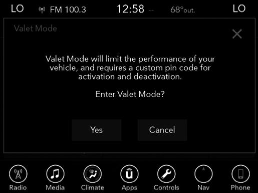 VALET MODE UNDERSTANDING YOUR INSTRUMENT PANEL 61 While in Valet Mode, the following vehicle configurations are set and locked to prevent unauthorized modification: Engine limited to the lowest power