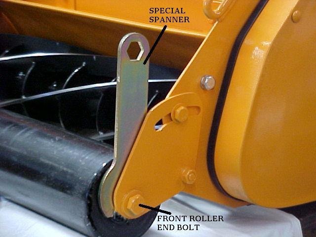 FRONT ROLLER CAM HEIGHT ADJUSTERS The two cams fitted to the front roller of M.E.Y mowers enable the operator to quickly change the cutting height to suit varied conditions and requirements.