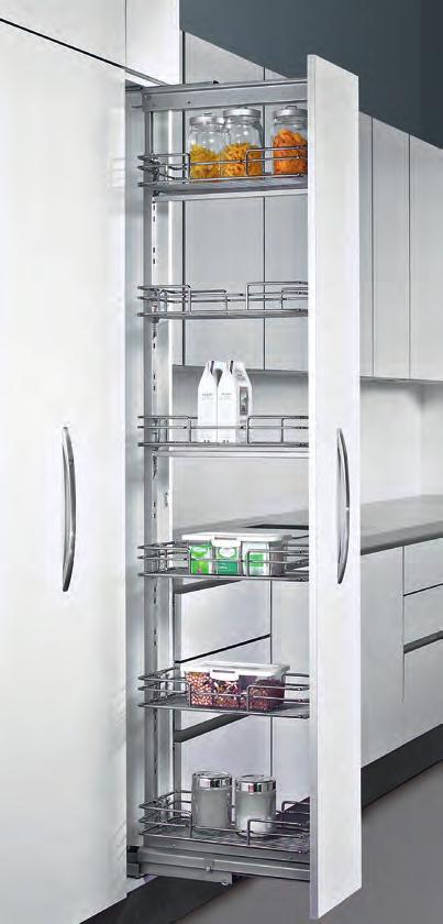 Pantry units Pull-out pantry Pull-out pantry with integrated Silent System Contents can be accessed from both sides Full-extension slides Front can be adjusted in 3 directions Load capacity 120 kg